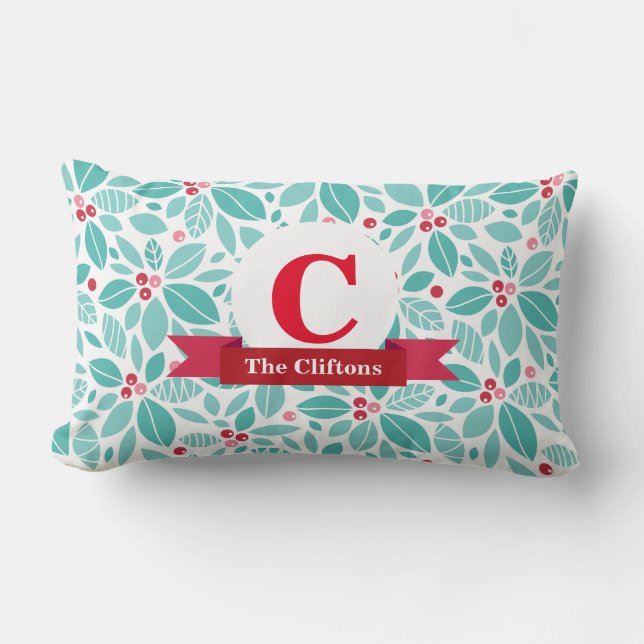 Holiday Holly Monogram Letter Family Personalized Lumbar Pillow (Front)
