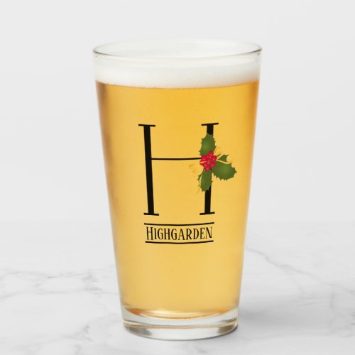 Holiday Holly Monogram Letter H Personalized Beer Glass