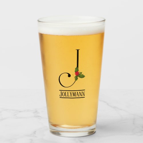 Holiday Holly Monogram Letter J Personalized Beer Glass
