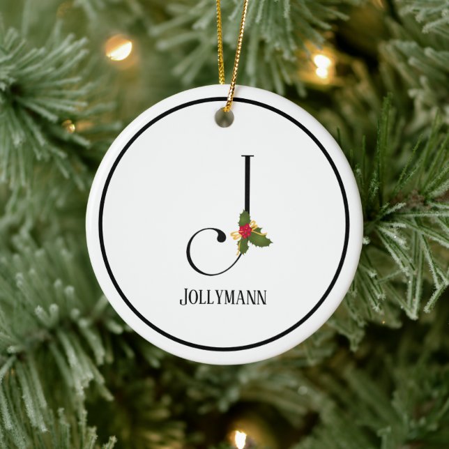 Holiday Holly Monogram Letter J Personalized Ceramic Ornament (Tree)
