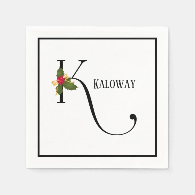 Holiday Holly Monogram Letter K Personalized Paper Napkins (Front)