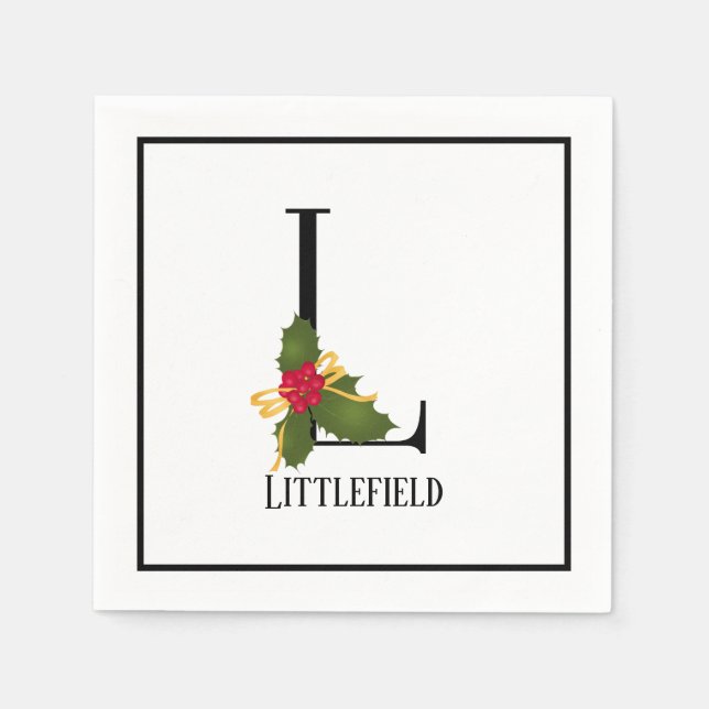 Holiday Holly Monogram Letter L Personalized Paper Napkins (Front)