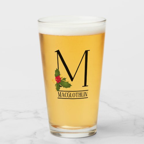 Holiday Holly Monogram Letter M Personalized Beer Glass