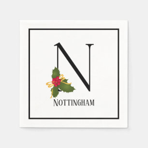 Holiday Holly Monogram Letter N Personalized Paper Napkins