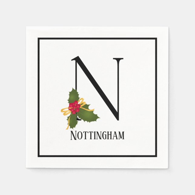 Holiday Holly Monogram Letter N Personalized Paper Napkins (Front)