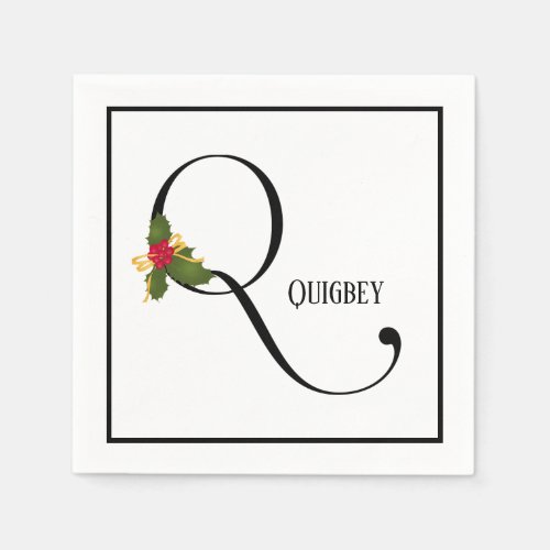 Holiday Holly Monogram Letter Q Personalized Paper Napkins