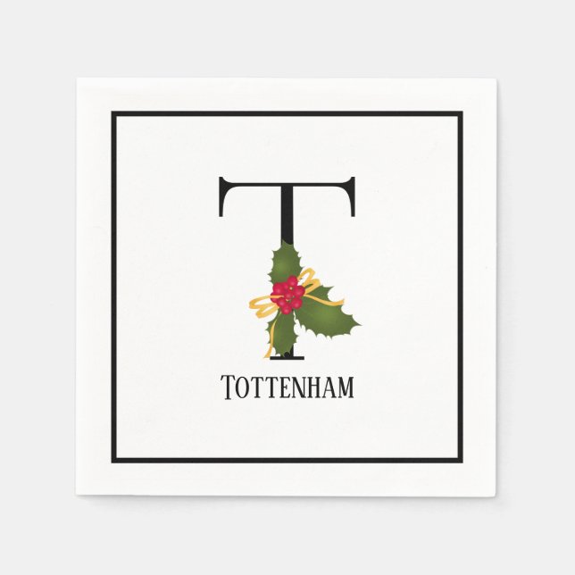Holiday Holly Monogram Letter T Personalized Paper Napkins (Front)