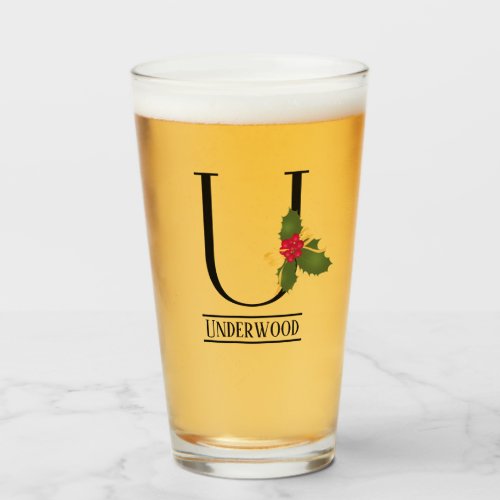 Holiday Holly Monogram Letter U Personalized Beer Glass