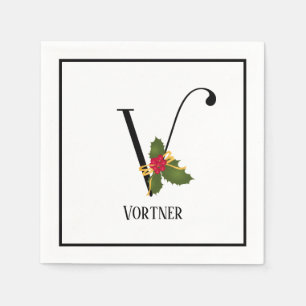 Holiday Holly Monogram Letter V Personalized Paper Napkins
