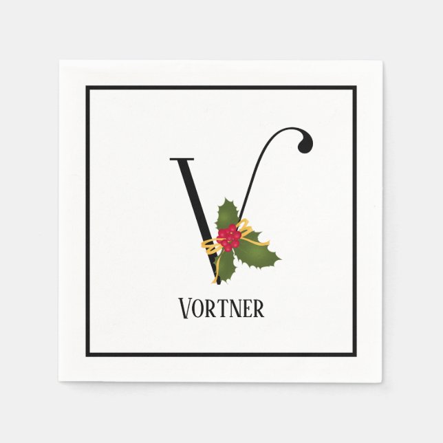 Holiday Holly Monogram Letter V Personalized Paper Napkins (Front)