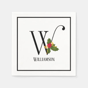 Holiday Holly Monogram Letter W Paper Napkins