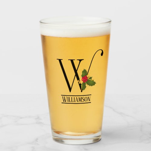 Holiday Holly Monogram Letter W Personalized Beer Glass