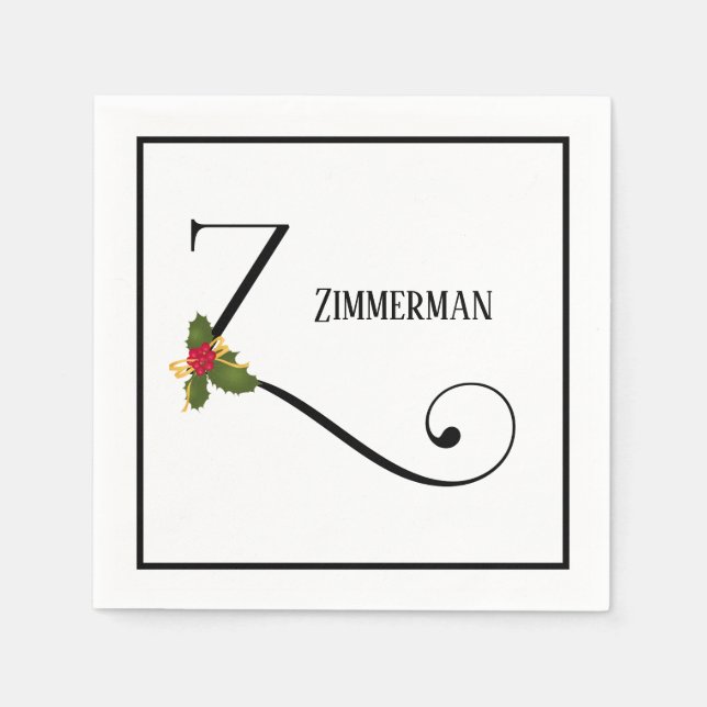 Holiday Holly Monogram Letter Z Personalized Paper Napkins (Front)