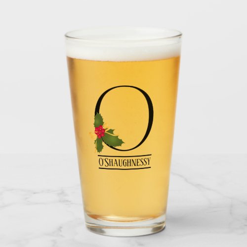 Holiday Holly Monogram O Personalized Beer Glass