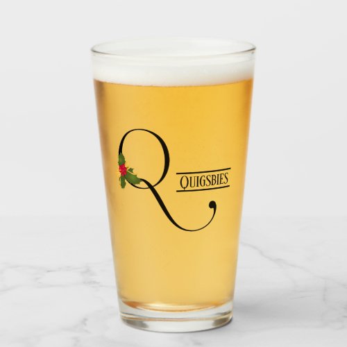 Holiday Holly Monogram Q Personalized Beer Glass