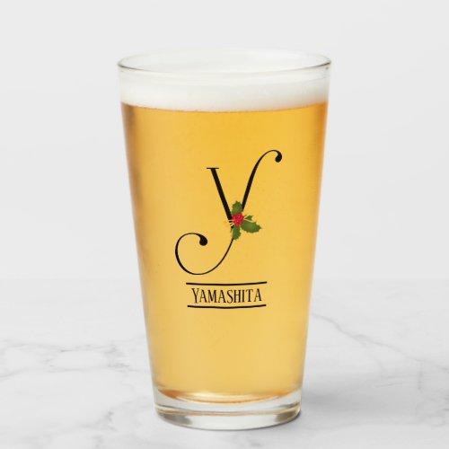 Holiday Holly Monogram Y Personalized Beer Glass