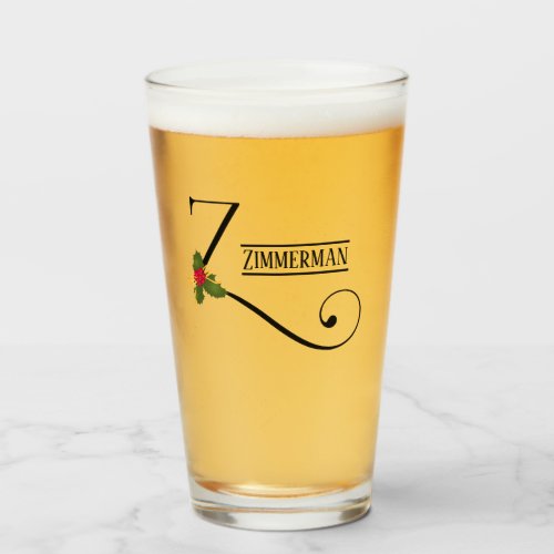 Holiday Holly Monogram Z Personalized Beer Glass