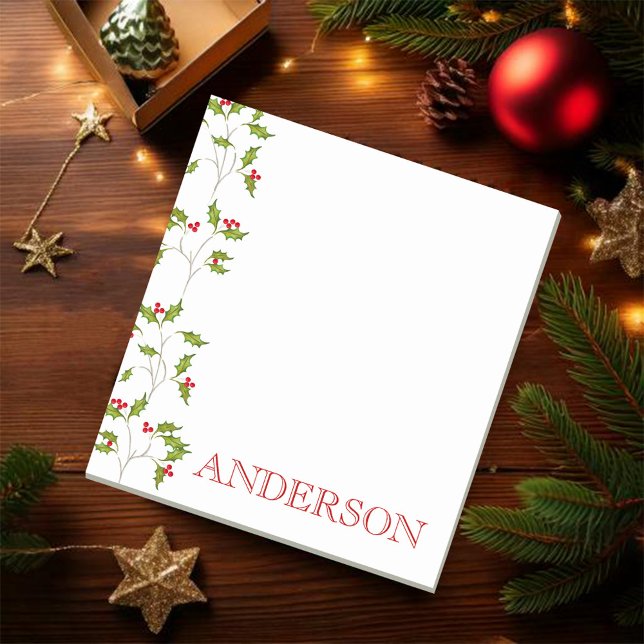 Holiday Holly Note Pad (Christmas greenery personalized Holiday notepad)