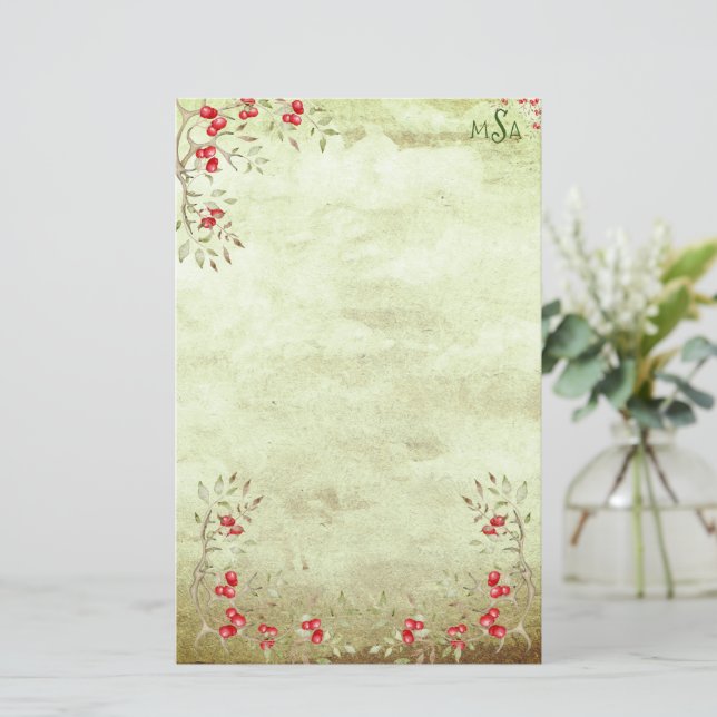 Holiday Holly Personalized Script Vintage Rustic Stationery (Standing Front)
