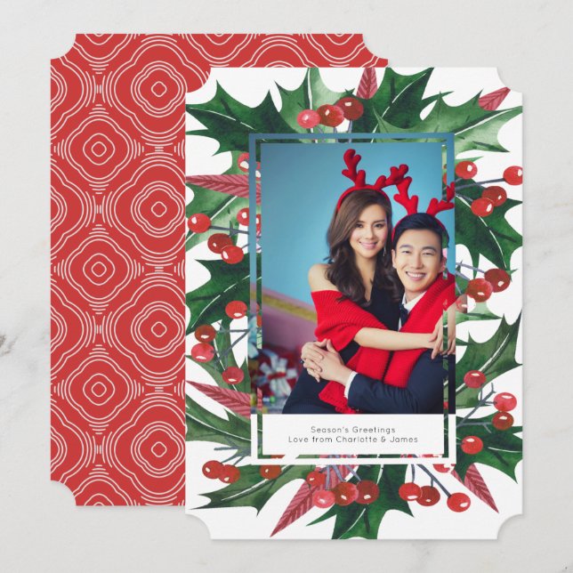 Holiday Holly Photo Frame Personalized Card (Front/Back)