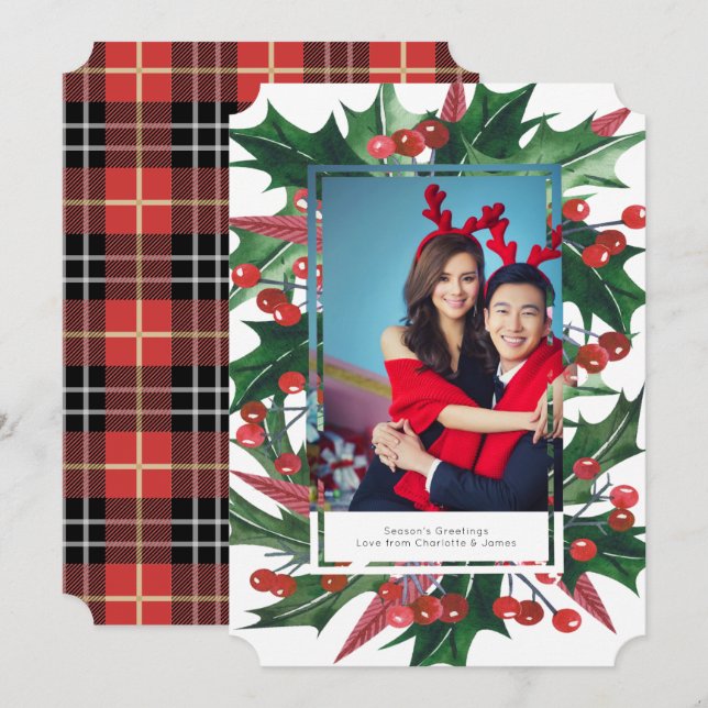 Holiday Holly Photo Frame Personalized Card (Front/Back)
