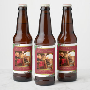 Holiday Holly & Pine Merry Christmas Photo Beer Bottle Label