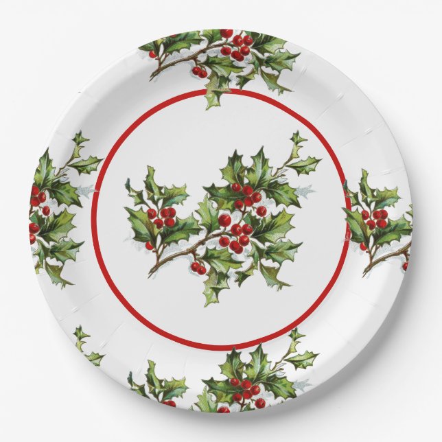 Holiday Holly Retro Style Gift Paper Plates (Front)