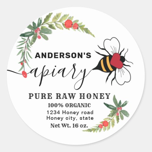 Holiday holly script apiary honey jar classic round sticker