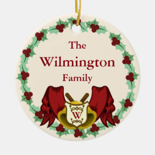 Holiday Holly Wreath & Bells Monogram Family Name Ceramic Ornament