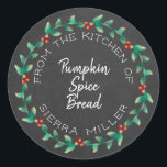 Holiday Holly Wreath Chalkboard Kitchen Treats Classic Round Sticker<br><div class="desc">Do you love to make kitchen goodies for family and friends for the Christmas holidays or anytime of year for that matter. Well here's the perfect finishing touch... a personalized sticker with your name and the name of the kitchen treat you are sharing surrounded by a lovely, modern circular holly...</div>