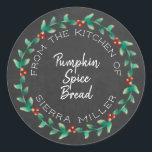 Holiday Holly Wreath Chalkboard Kitchen Treats Classic Round Sticker<br><div class="desc">Do you love to make kitchen goodies for family and friends for the Christmas holidays or anytime of year for that matter. Well here's the perfect finishing touch... a personalized sticker with your name and the name of the kitchen treat you are sharing surrounded by a lovely, modern circular holly...</div>
