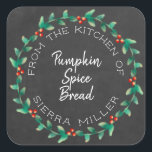 Holiday Holly Wreath Chalkboard Kitchen Treats Square Sticker<br><div class="desc">Do you love to make kitchen goodies for family and friends for the Christmas holidays or anytime of year for that matter. Well here's the perfect finishing touch... a personalized sticker with your name and the name of the kitchen treat you are sharing surrounded by a lovely, modern circular holly...</div>