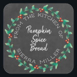 Holiday Holly Wreath Chalkboard Kitchen Treats Square Sticker<br><div class="desc">Do you love to make kitchen goodies for family and friends for the Christmas holidays or anytime of year for that matter. Well here's the perfect finishing touch... a personalized sticker with your name and the name of the kitchen treat you are sharing surrounded by a lovely, modern circular holly...</div>