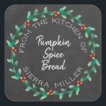 Holiday Holly Wreath Chalkboard Kitchen Treats Square Sticker<br><div class="desc">Do you love to make kitchen goodies for family and friends for the Christmas holidays or anytime of year for that matter. Well here's the perfect finishing touch... a personalized sticker with your name and the name of the kitchen treat you are sharing surrounded by a lovely, modern circular holly...</div>