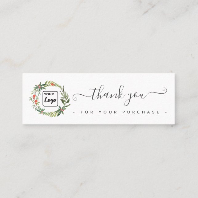 Holiday holly wreath custom logo thank you mini business card (Front)
