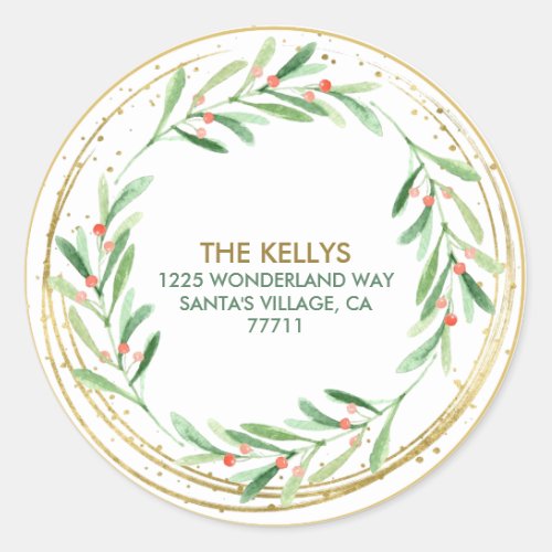 Holiday Holly Wreath Gold Sparkle Return Address Classic Round Sticker