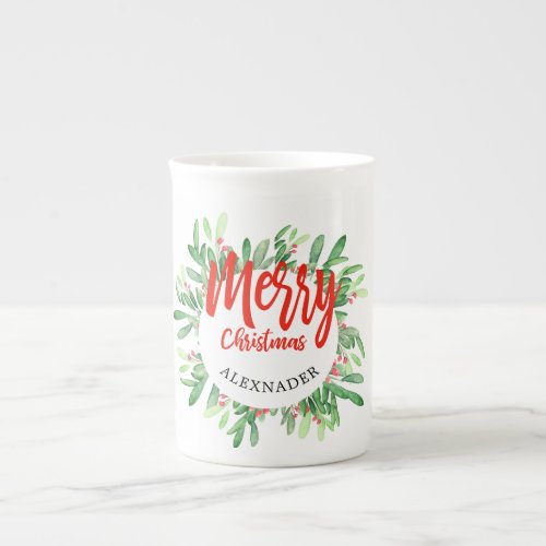 Holiday Holly Wreath Merry Christmas Bone China Mug