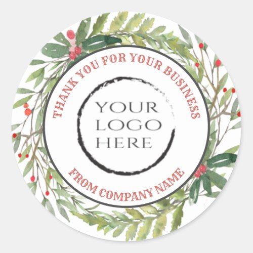 Holiday holly wreath thank you custom logo classic classic round sticker
