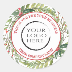 Holiday holly wreath thank you custom logo classic classic round sticker
