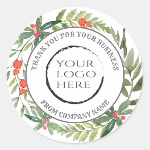 Holiday holly wreath thank you custom logo classic round sticker