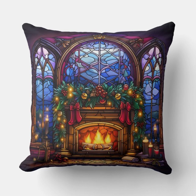 Holiday Home Fireplace Stained Glass Throw Pillow (Front)