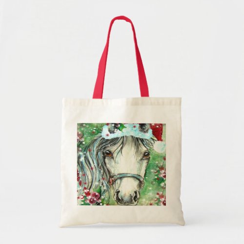 Holiday Horse with Santa Hat Tote Bag