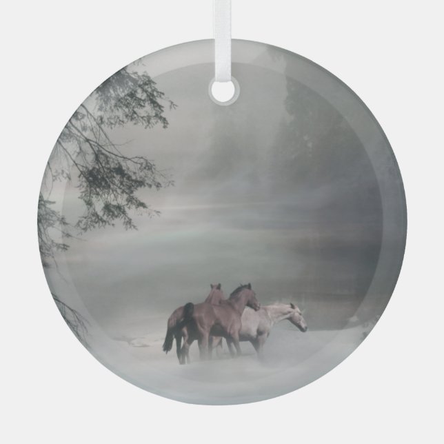 Holiday Horses in Snow Christmas Glass Ornament (Front)
