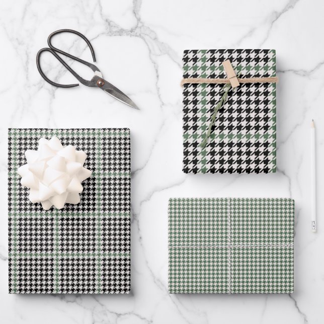 Holiday houndstooth black green holiday wrapping paper sheets (Front)