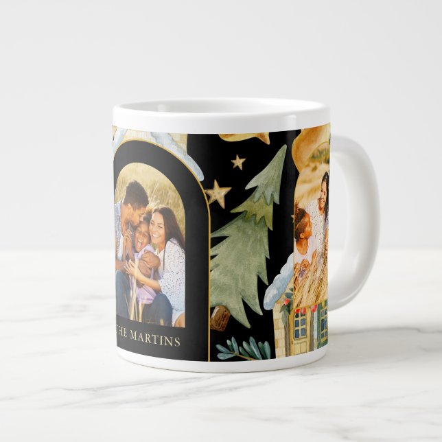 Holiday Houses Three Photo Christmas Black Giant Coffee Mug (Front Right)