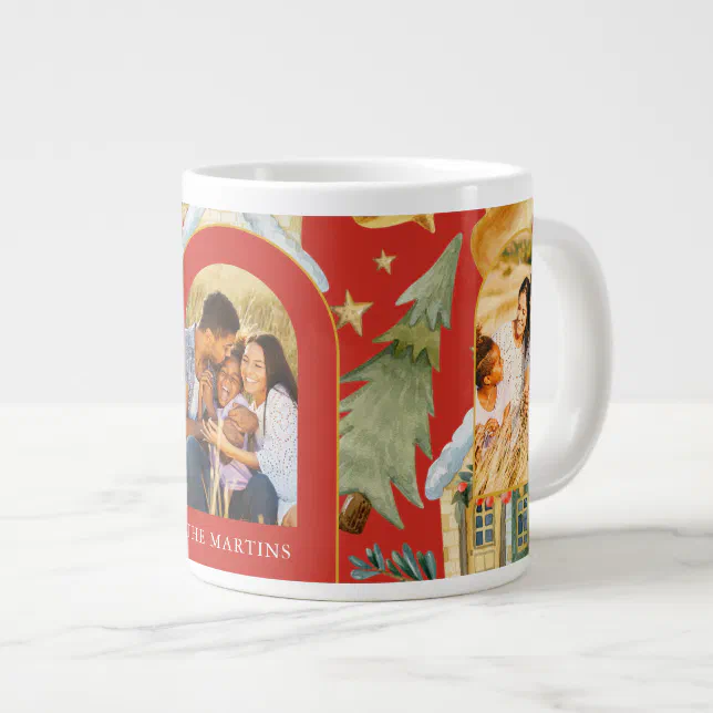 Holiday Houses Three Photo Christmas Red Giant Coffee Mug (Front Right)