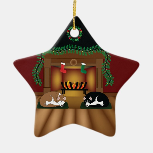 Holiday Huskies Sleeping by the Fireplace Ornament (Front)