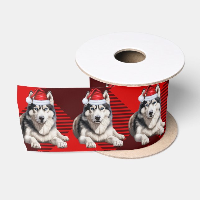 Holiday Husky Dog on Red Buffalo Plaid Satin Ribbon (Spool)