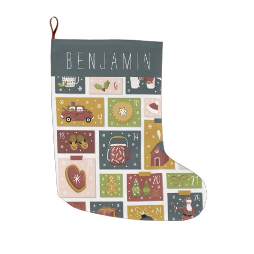 Holiday Hygge Advent Calendar Illustrated Monogram Large Christmas Stocking