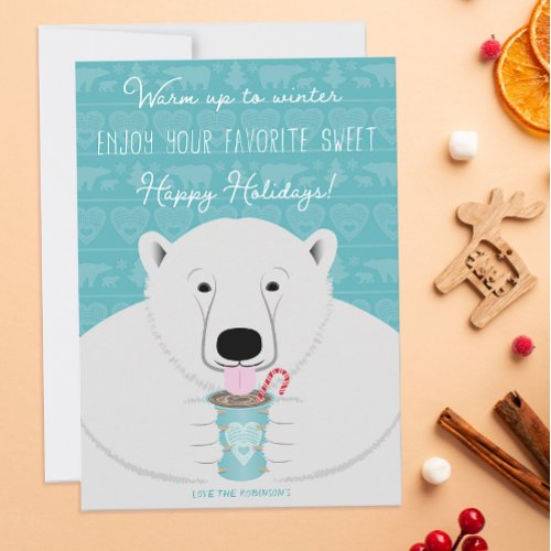 Holiday Hygge Polar Bear Sips Hot Cocoa On Teal Card
